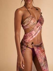 SHEIN BAE Robe de cache-maillot sexy à encolure montante avec décoration d'anneau en métal ajouré et imprimé intégral pour femmes - Tabac - Voir 7