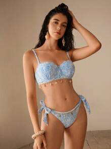 Elaire Set Bikini Camisole Motif Bunga dengan Simpul Ikat untuk Liburan Pantai Musim Panas - Biru - View 4