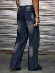 AXEPEAK Men's Casual Washed Distressed Colorblock Star Print Denim Jeans - Black - View 2