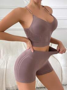 SHEIN 2 件套无缝女士内衣，可穿外衣 - 紅木色 - 查看 4