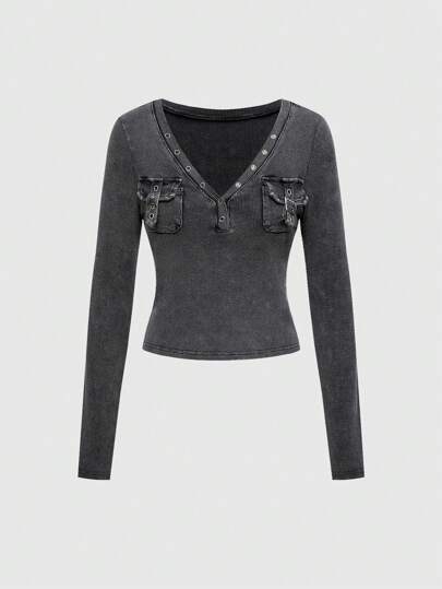 Vintage Washed Distressed Crew Neck Knit Long Sleeve T-Shirt With Chest Pockets, Charcoal & Black Colors, Suitable For Graduation, Easter, Concert, Nashville Vacation