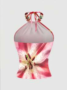 INAWLY Áo hai dây hở lưng trang trí đính cườm in hoa - Nhiều màu - Xem 2