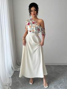 Elenzga Elegant French Style Asymmetric Neckline Mesh Embroidered Flared Hem Maxi Dress For Women, Versatile For Daily Wear, Spring/Summer Wedding Bride - Apricot - View 5