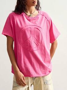 Bohemela Tricou casual de culoare solidă tricotat cu guler rotund, mânecă scurtă, lejer, stil uzat, pentru femei - Roz - Vizualizare 6