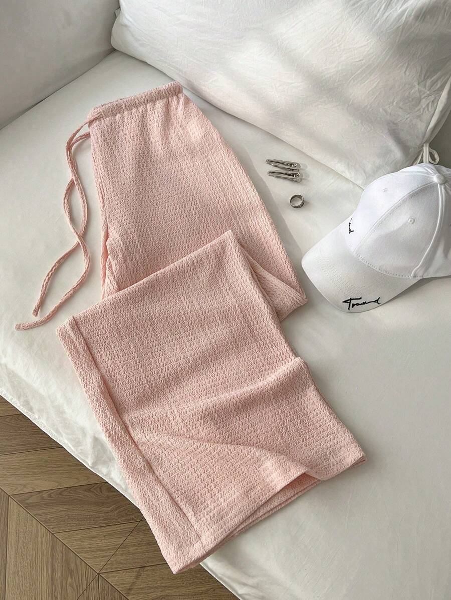 Elamini Quần ống đứng lưng thấp buộc dây màu trơn đơn giản cho nữ - Hồng - Xem 1