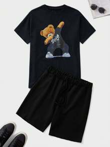 SHEIN Cottnline 2 Piece Men Summer Casual Bear Print Short Sleeve T-Shirt And Shorts Set - Red - View 1