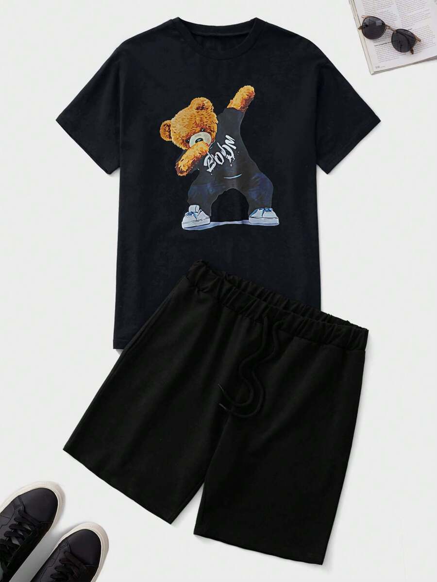 SHEIN Cottnline 2 Piece Men Summer Casual Bear Print Short Sleeve T-Shirt And Shorts Set - Red - View 1