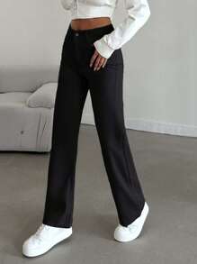 SHEIN PETITE 100%Cotton HIGH RISE BEIGE WIDE LEG PETITE SIZE JEAN - Black - View 4