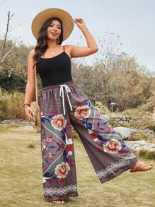 SHEIN LUNE Plus Size Floral Printed Wide Leg Pants Country Concert Graduation Summer Brunch Mother's Day Church - Brown - View 3