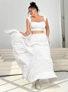 Solflare Váy xòe dài màu trắng có dây thắt lưng dành cho nữ Plus Size - trắng - Xem 4