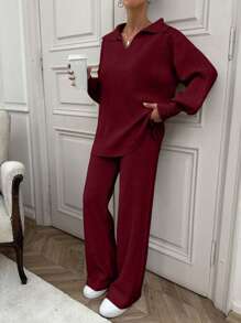 EURMUSE Rib Pattern Polo Neck Sweater And Pant 2pcs Set