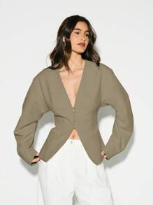 KIZN Blazer estructurado oversize con botones, de corte ajustado, para oficina, trabajo, negocios, formal, pasarela, moderno, elegante y sofisticado, para otoño - Marrón - Ver 6