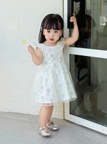 Dazy Kids Baby Mädchen V-Ausschnitt Kleid mit Blumen-Muster, Mesh-Patchwork, mittellange Länge, für Geburtstagsfeiern und formelle Anlässe