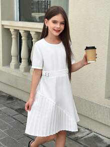 SHEIN Tween 女童休闲时尚通勤白色下摆弧形褶皱连衣裙 - 白色 - 查看 4
