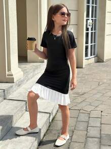 Vestido plisado de tela de ajuste delgado con diseño de patchwork para niñas preadolescentes, de uso casual y elegante diario - Negro - Ver 3