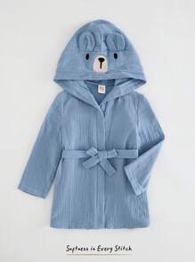 Cozy Pixies Baby Boy Cartoon Bear Pattern 3D Ear Hooded Long Sleeve Tie-Front Robe - Dusty Blue - View 3