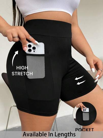 SHEIN PETITE CURVE 大码女式网眼撞色口袋内裤短裤高腰骑行短裤女式中长短裤弹力骑行短裤带口袋短裤，四季皆宜