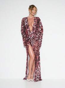 KIZN Chic Animal Print Long Sleeve Maxi Beach Cover Up Resort Wear Wrap Dress Beachwear Honeymoon Dress Side Slit - Red - View 1