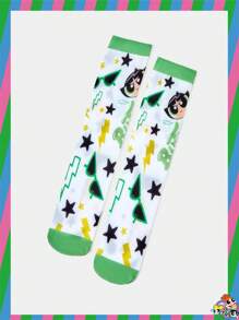 THE POWERPUFF GIRLS X SHEIN 1 Pair Women Cartoon & Lightning Star Pattern Mid-Calf Socks - Green - View 1