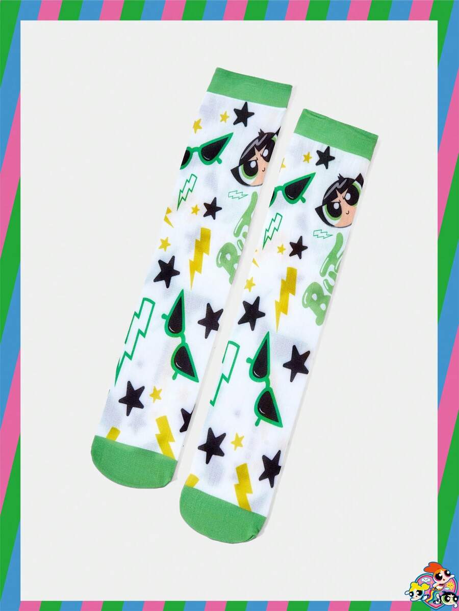 THE POWERPUFF GIRLS X SHEIN 1 Pair Women Cartoon & Lightning Star Pattern Mid-Calf Socks - Green - View 1