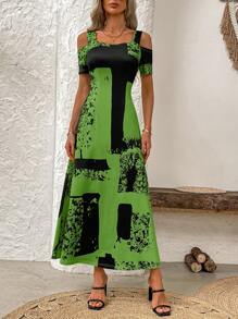 SHEIN LUNE 女式拼色连衣裙，适合夏季长款女装 - 橄欖綠 - 查看 5