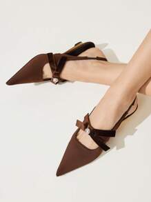 CUCCOO CHICEST New Summer Women Shoes, Elegant Romantic Pointy-Toe Wedge Heels With Pearl & Bow Decor, Chocolate Color, Suitable For Tea, Dates, Parties, Fashion Outfits - Brown - View 6
