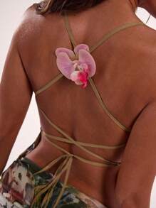 SHEIN BAE 女士夏季缎面印花后系带鸢尾花装饰吊带背心，适合度假女士、俱乐部、海滩女士 - 綠色 - 查看 2