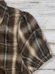 Linhara Plus Size Women Country Music Festival Casual Puff Sleeve Plaid Shirt - Coffee Brown - View 3