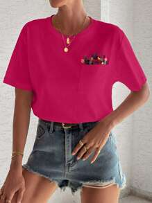 EURMUSE 100%Cotton T-Shirt With Flower Embroidery, Round Collar, Pocket Details - Hot Pink - View 5