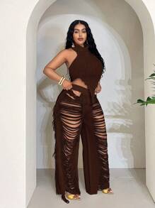 Maweii 大码女式毛衣套装纯色白色吊带背心+破洞流苏性感裤休闲性感派对针织套装度假夏季女装 - 棕色 - 查看 6