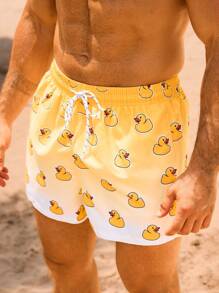 Surfspeed Men's Cartoon Duck Print Drawstring Waist Beach Shorts - Yellow - View 3