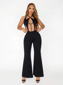 Zolique New Summer Sexy Personalized Hollow Out Lace-Up Halter Open Back Slim Fitted Women Jumpsuit - Black - View 3