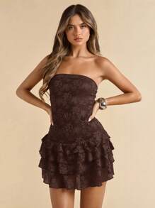 SHEIN BAE Váy mini viền ren hoa màu đỏ tía nhiều lớp viền bèo nhún cho nữ, thanh lịch cho đêm hẹn hò, đi hộp đêm, tiệc sinh nhật, ngày lễ, ngày lễ tình nhân - Cà phê nâu - Xem 7