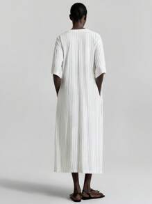Ontre 2025 New Commuting OL, Women's Casual Loose All-Match Versatile Striped Long Dress - White - View 3