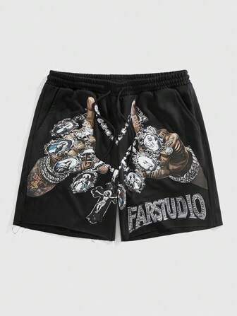 Street Life Shorts cargo con bolsillos, cordón ajustable en la cintura y gráfico con letras para hombre