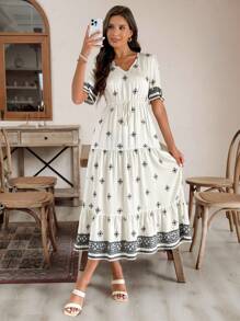 EMERY ROSE 女士几何印花长裙，休闲假日风格 - 杏色 - 查看 5