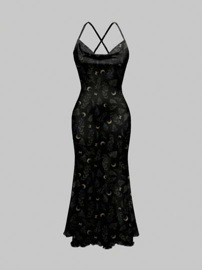 Goth Gothic Style Witch Plunging Neckline Holiday Goth Flora Print Open Back Lightweight Dark Lady Long Dress