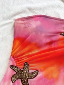 Soleia 女士扎染热带岛屿假日露肩褶饰荷叶边海星装饰海滩迷你连衣裙，休闲度假、约会、下午茶、海滩、游轮、公路旅行、音乐节、派对、波西米亚风 - 亮橙色 - 查看 3