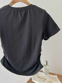 DAZY Áo thun nữ tay ngắn in chữ mùa hè, áo crop top nữ - Màu xám đen - Xem 5