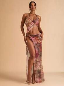 SHEIN BAE Robe de cache-maillot sexy à encolure montante avec décoration d'anneau en métal ajouré et imprimé intégral pour femmes - Tabac - Voir 6