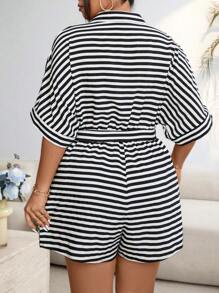 Flirla Plus Size Boho Casual Black And White Stripe Romper, For Summer Travel - Black and White - View 2