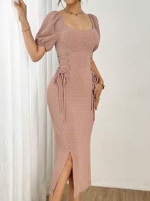 Modelyn Slit Detail Jacquard Lace-Up Puff Sleeve Elegant Summer Women Dress