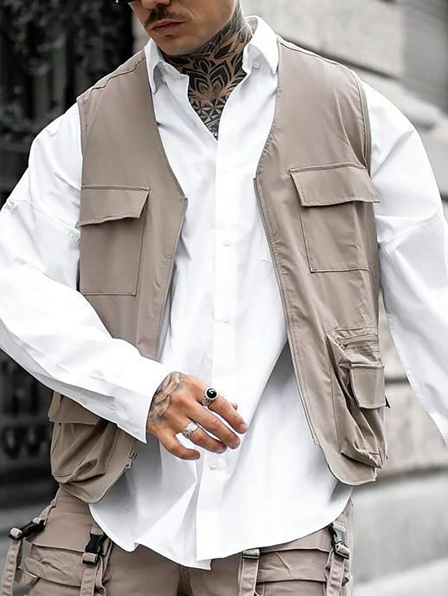 Manfinity Homme Men's Flip-Pocket Vest, Casual Street Outing Running Vest, For Fall - Brown - View 1