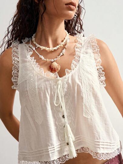 Bohemela Top corto de mujer de unicolor holgado con contraste de encaje tejido