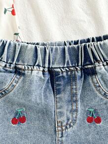 SHEIN Vintaside Kids Baby Girls Fashionable Cherry Print Strap Vest And Shorts Set, Embroidered Pattern Cherry Baby Outfit - Multicolor - View 8