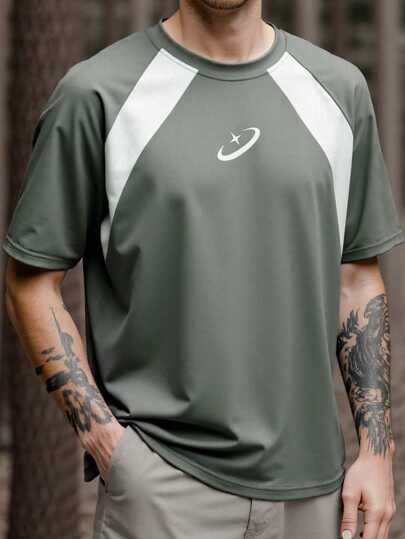 Manfinity Homme Men's Structured Split Round Neck Short-Sleeved T-Shirt, Men's Young Street Style, INS Versatile Item, Versatile, Suitable For Sportswear, Back-To-School Wear And Boyfriend Gifts.