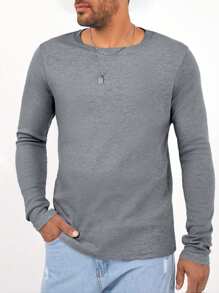 RueChic Camiseta básica de cuello redondo de unicolor de manga larga para hombre