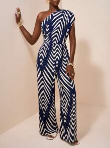 Zivah 2025 夏季新款假日优雅通勤单肩聚拢皇家蓝印花女式连体裤，日常旅行，休闲，朋友聚会，旅行，毕业装，早午餐装，返校，通勤，百搭