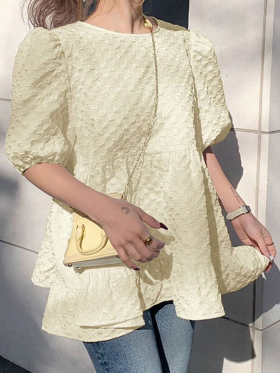 FRIFUL Blusa suelta de tela texturizada con volantes - Albaricoque - Ver 1