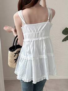 FRIFUL Women's Solid White Spaghetti Strap Mid-Length Loose Casual Versatile Layered Tie-Up Back Tank Top With Frill Trim,Babydoll Top - White - View 4